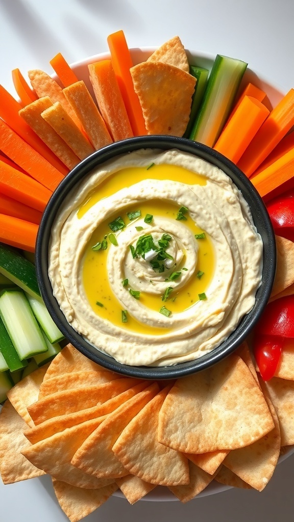 Creamy Feta Hummus Dip Recipe A bowl of creamy feta hummus dip garnished with olive oil and herbs, surrounded by fresh vegetables and pita chips.